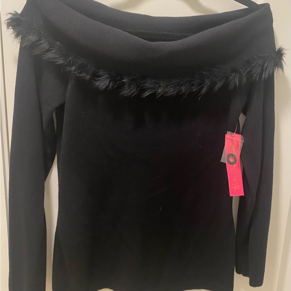 NWT Lilly Pulitzer Black Off-the-Shoulder Sweater with Faux Fur Detail
